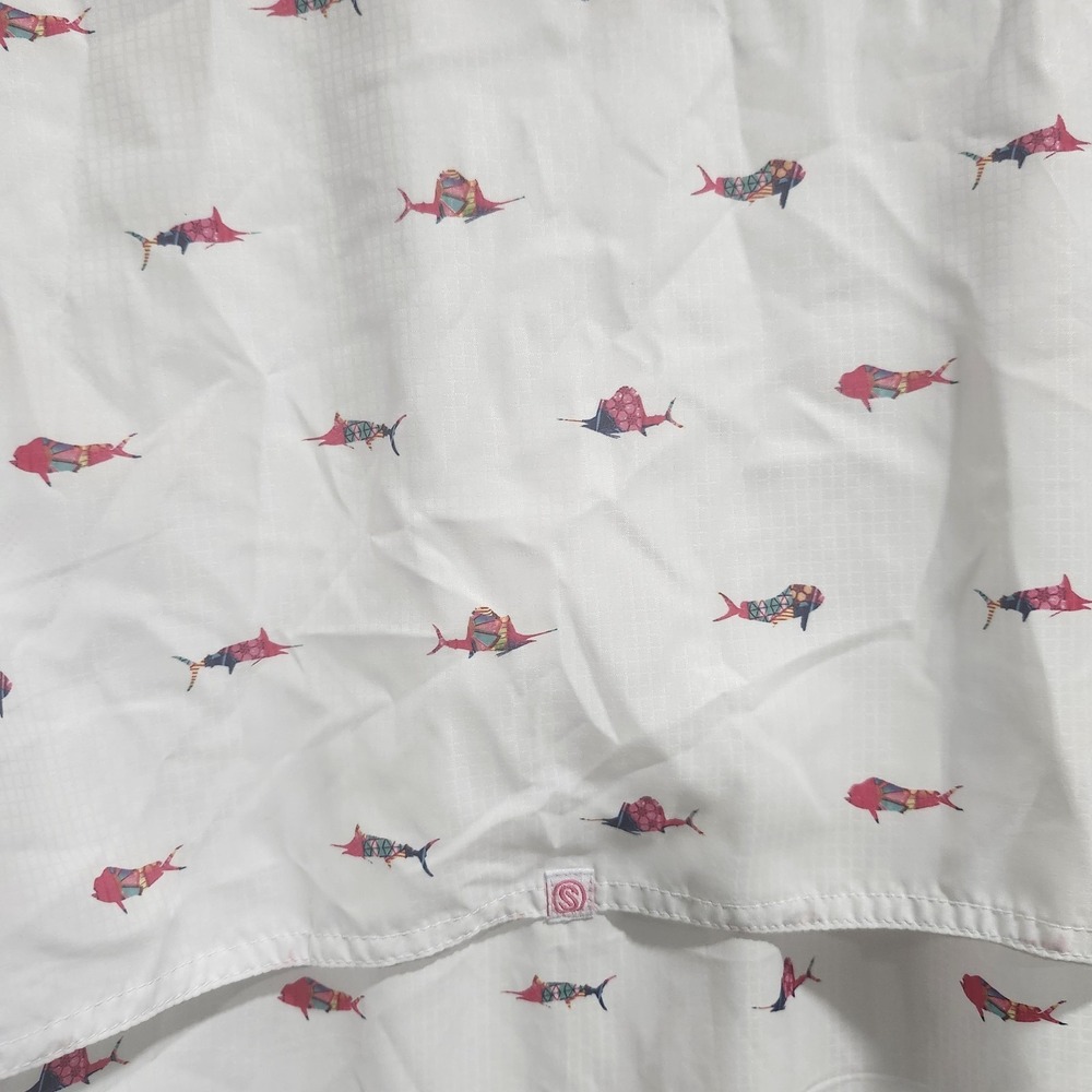 Scales Fishing Shirt L White Short Sleeve Button Front Vented Back Fish Print - Picture 10 of 11